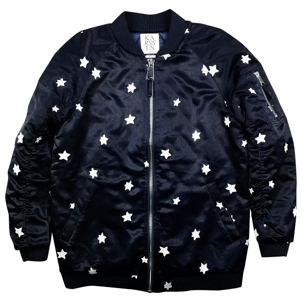 Zoe Karssen Stars All Over Dark Blue Long Length Bomber Jacket Size M NWT $399